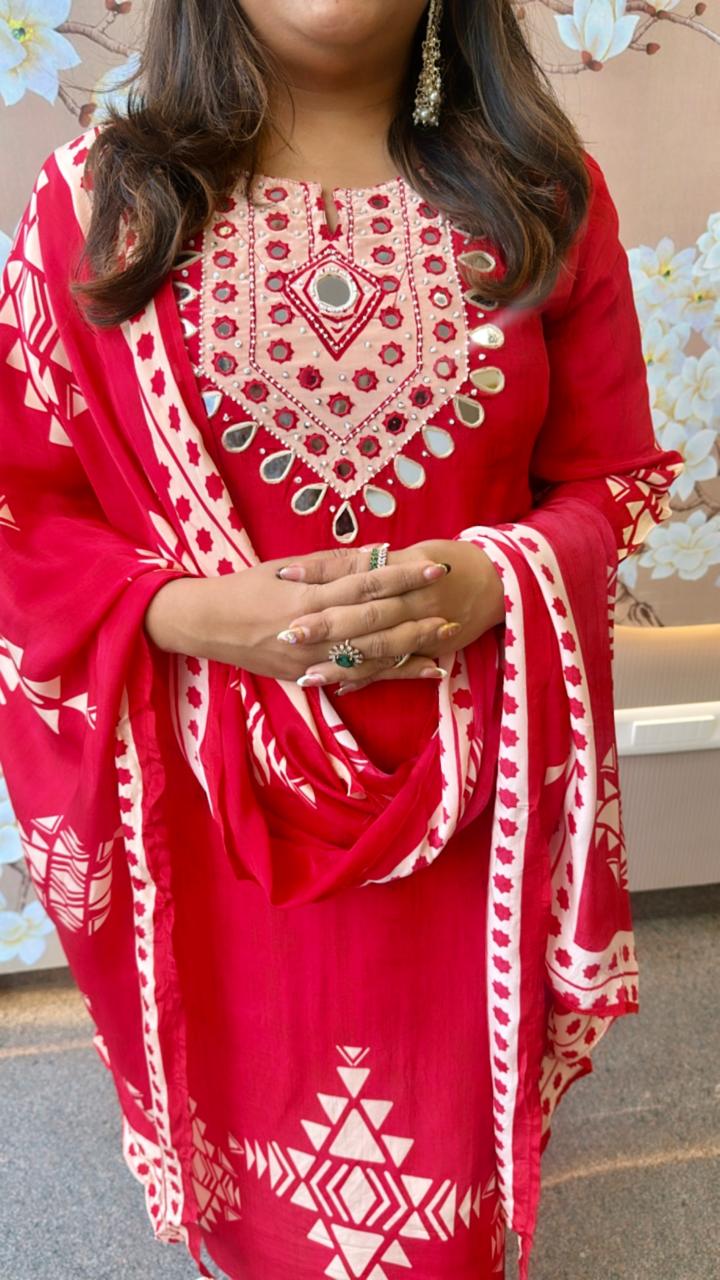 Pure crepe lining real mirror red suit set (true to size)