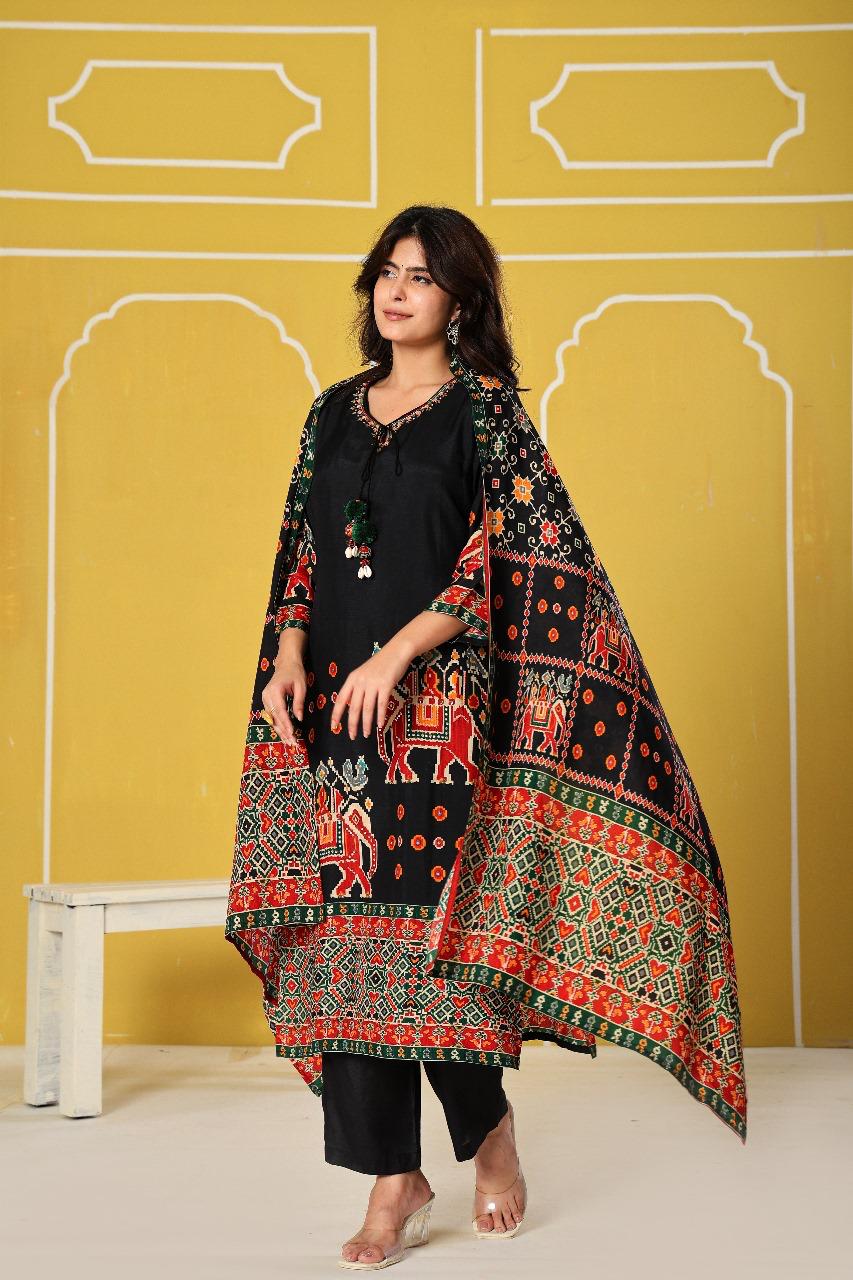Russian silk Patola print suit set in black