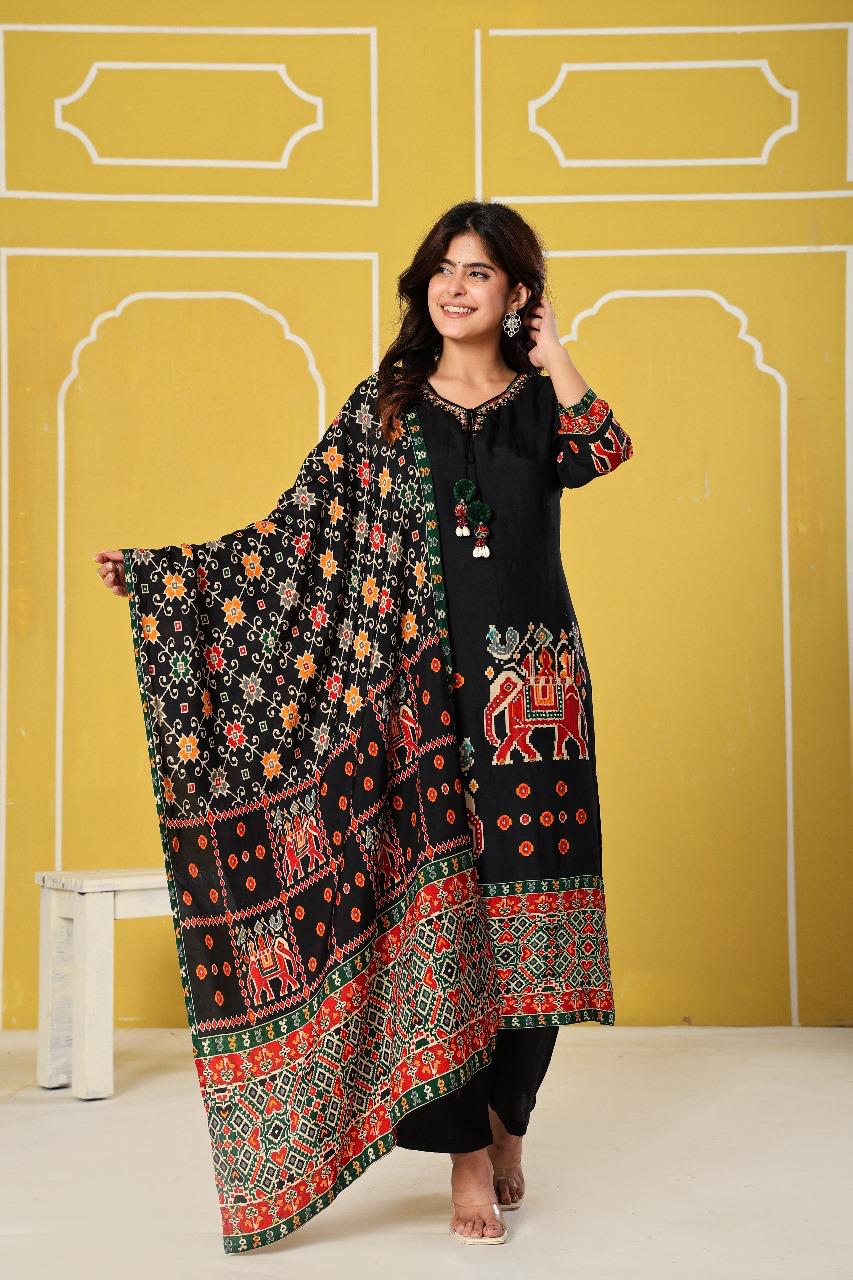Russian silk Patola print suit set in black