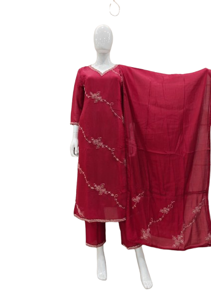 Pure muslin hand work full suit set