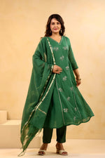 Pretty embroidered Mul Chanderi suit set in green