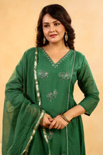 Pretty embroidered Mul Chanderi suit set in green