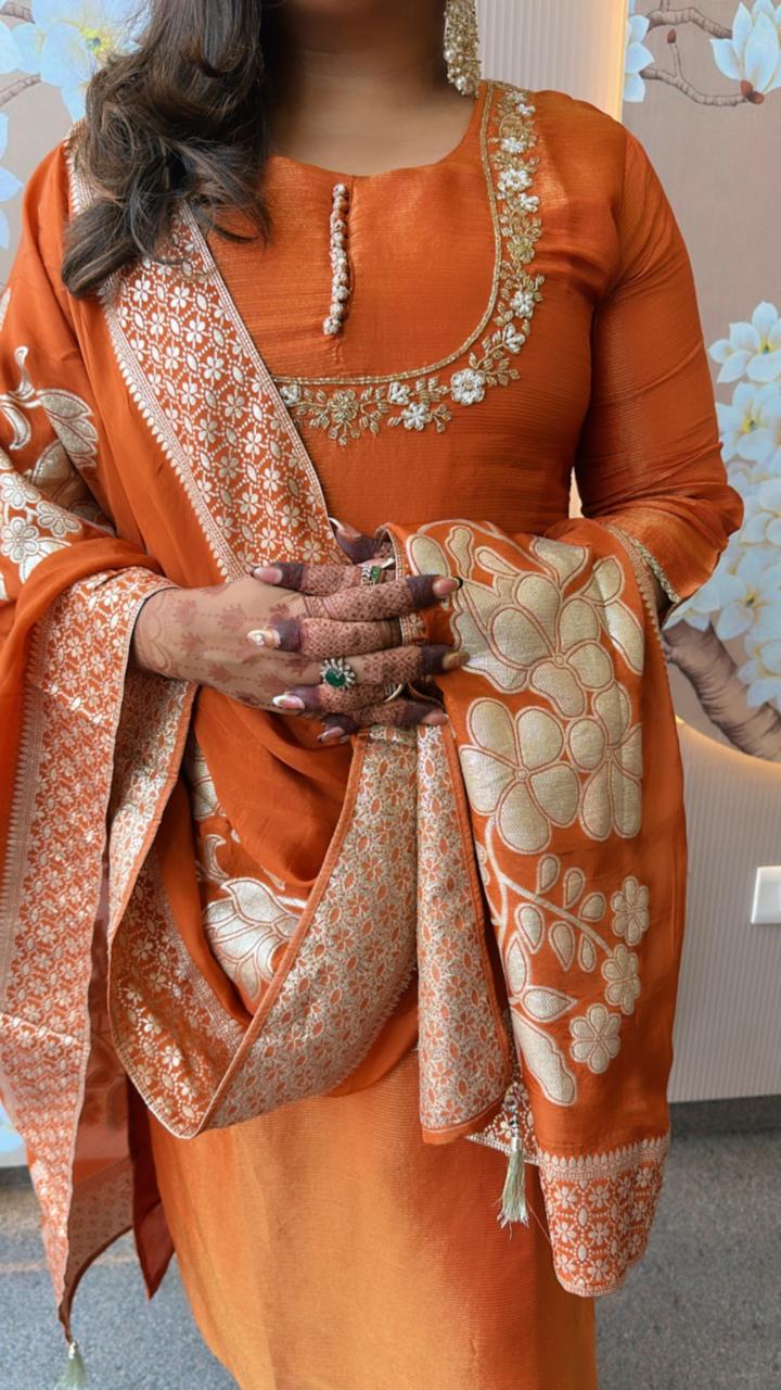 Designer tissue full suit set with beautiful handwork and lace detailing suit set in orange