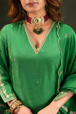 Santoori silk designer sleeves n pocket suit set in green