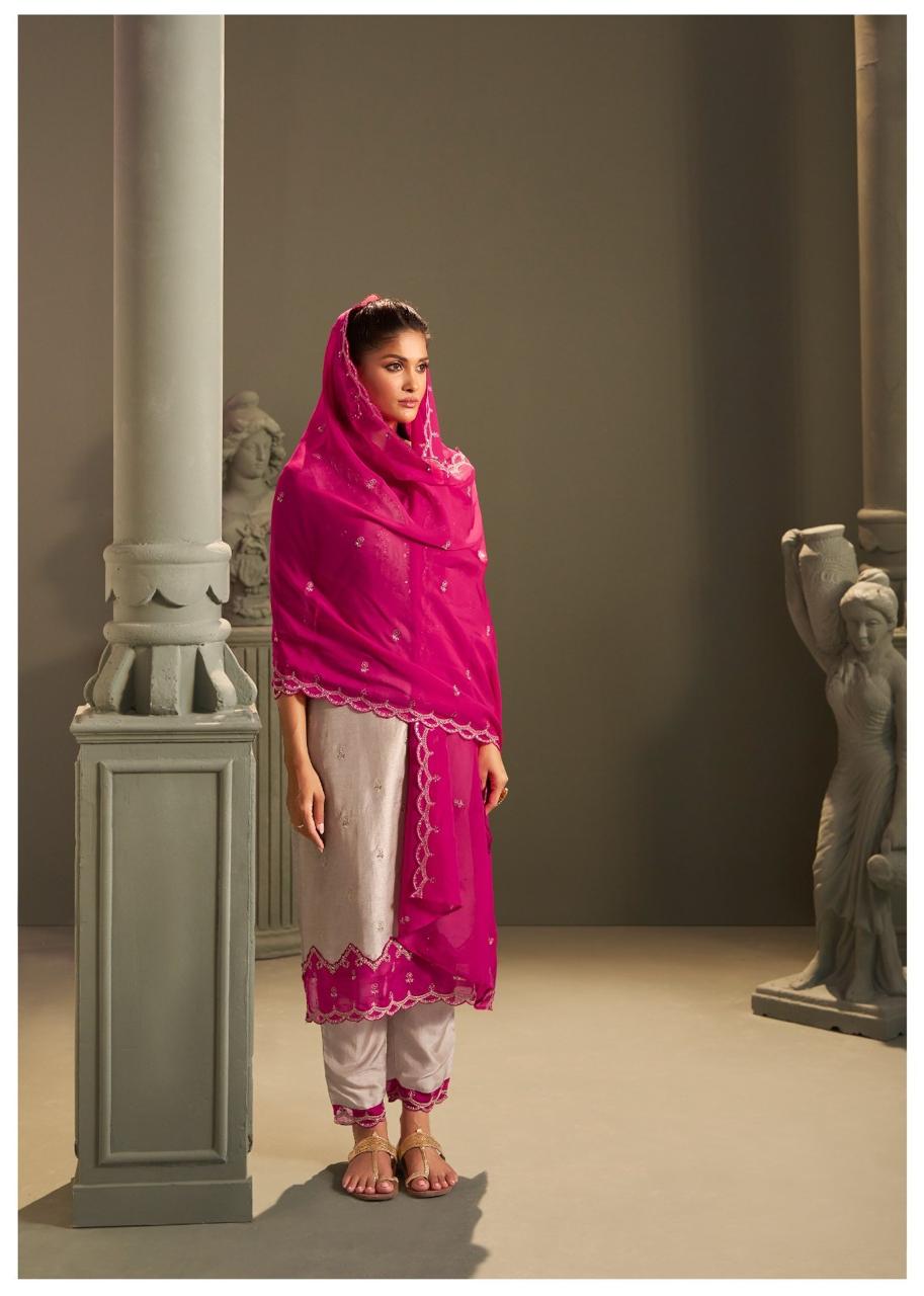 Russian silk pretty hand work suit set in grey n pink