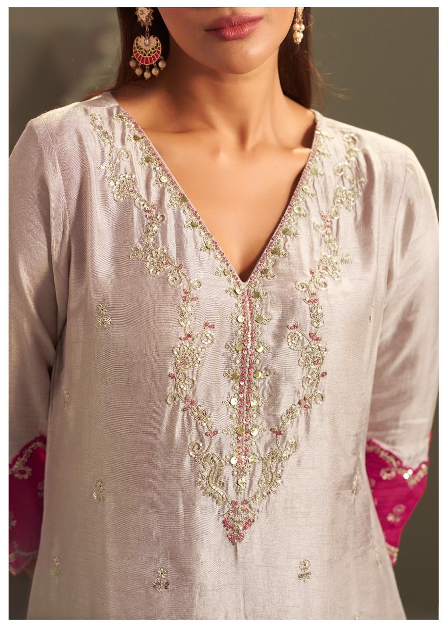 Russian silk pretty hand work suit set in grey n pink