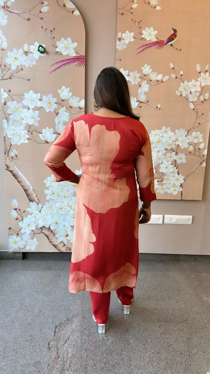 Pure Mul silk digital printed kurta pant in red