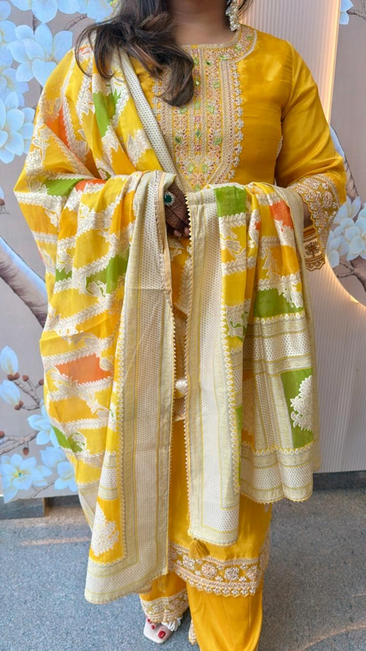 Pure crepe designer lace detailing suit set in yellow