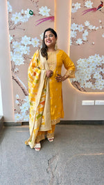 Pure crepe designer lace detailing suit set in yellow