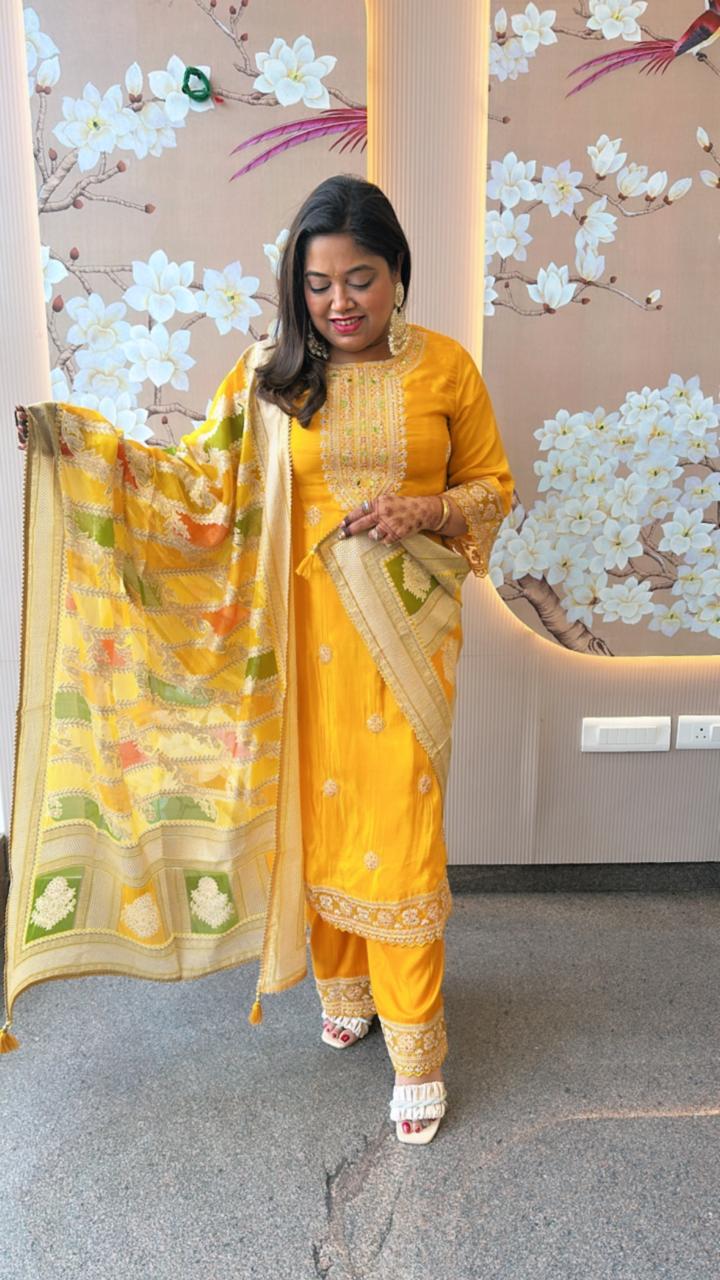 Pure crepe designer lace detailing suit set in yellow