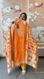 Pure crepe designer lace detailing suit set in orange