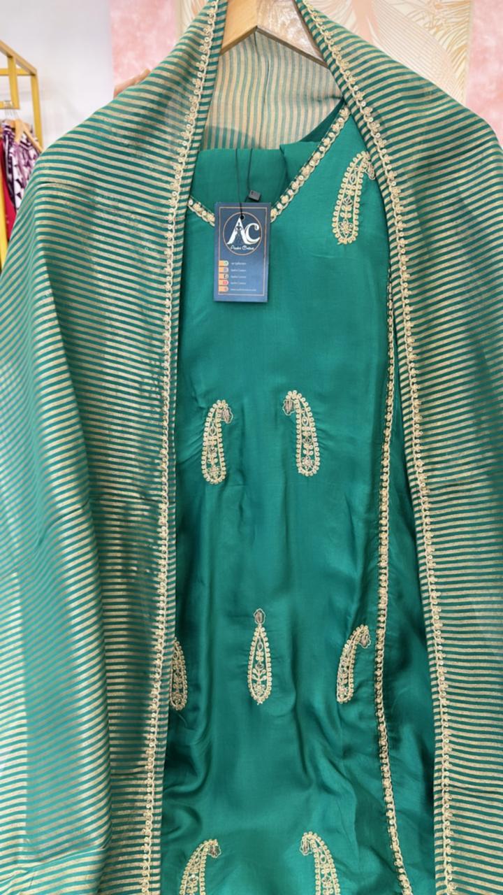 Premium tissue silk with Zari embroidery and tissue dupatta in green