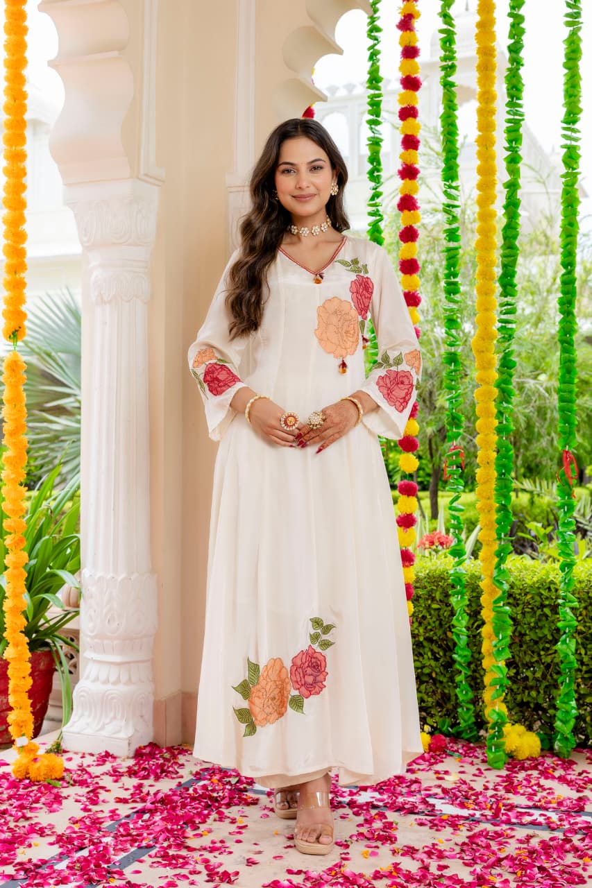Pure crepe designer floral Anarkali suit set in ivory