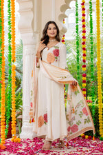 Pure crepe designer floral Anarkali suit set in ivory