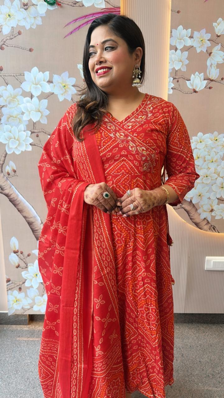 Pure cotton Angrakha bandhani orange n red full suit set