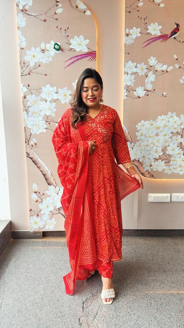 Pure cotton Angrakha bandhani orange n red full suit set