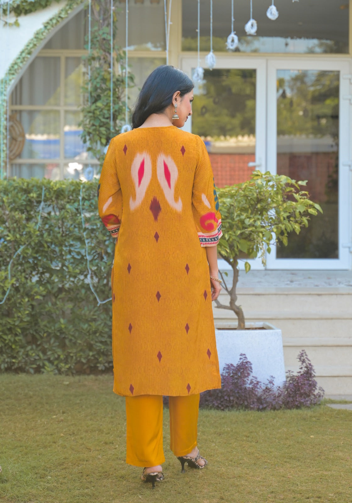 Pure crepe Ikkat print suit set in yellow