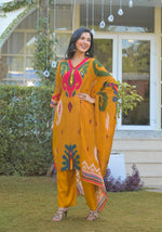 Pure crepe Ikkat print suit set in yellow