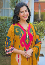 Pure crepe Ikkat print suit set in yellow