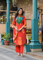 Pure crepe Ikkat print suit set in orange