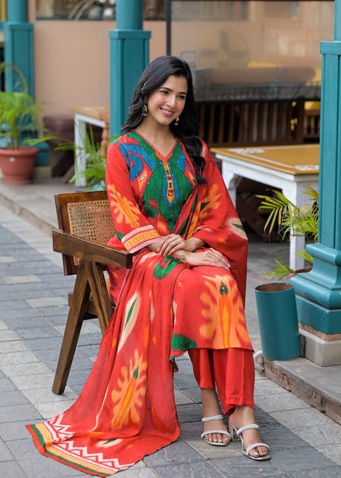 Pure crepe Ikkat print suit set in orange