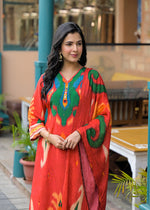 Pure crepe Ikkat print suit set in orange