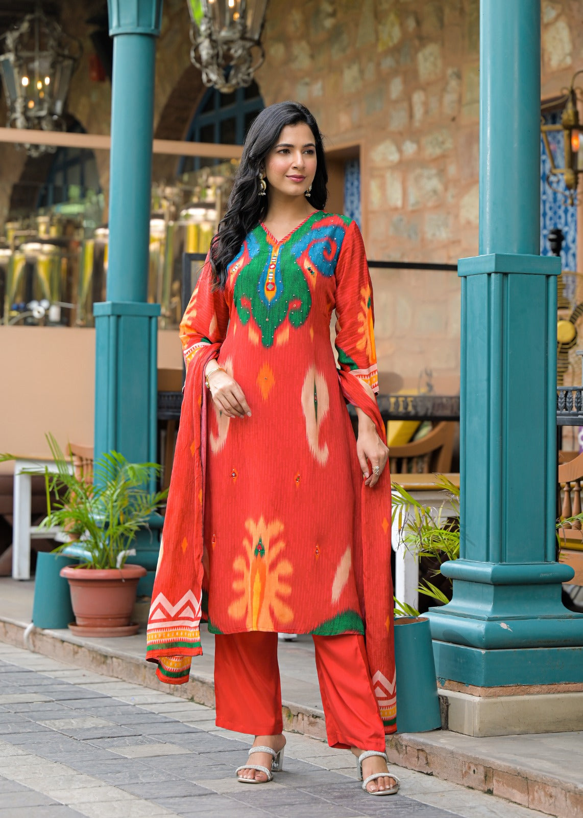 Pure crepe Ikkat print suit set in orange