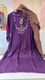 Russian silk hand work suit set in purple