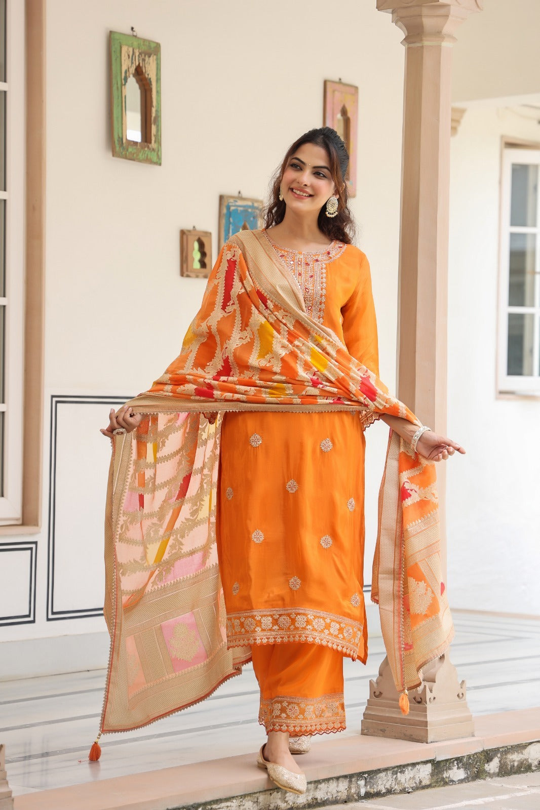 Pure crepe designer lace detailing suit set in orange
