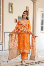 Pure crepe designer lace detailing suit set in orange