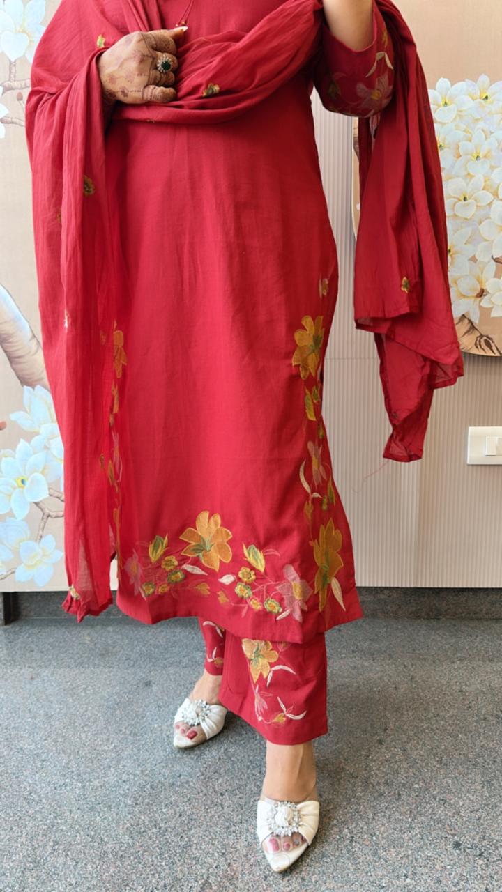 Pure cotton fully embroidered red suit set