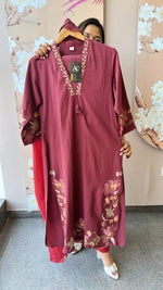 Pure cotton fully embroidered wine suit set