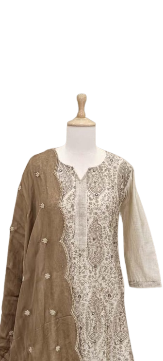 Gorgeous linen Chanderi embroidered lining suit set