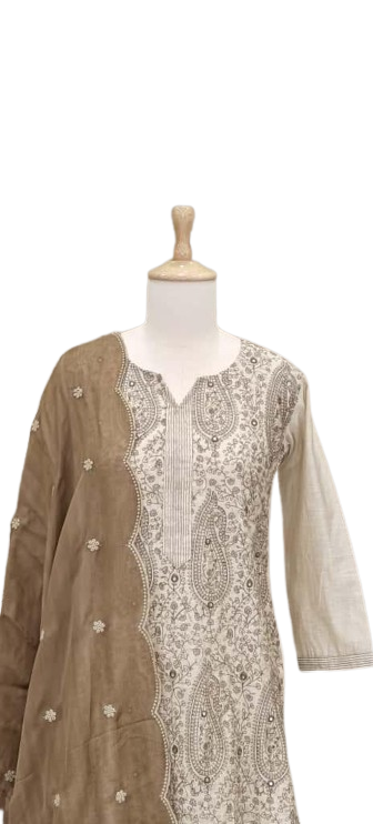 Gorgeous linen Chanderi embroidered lining suit set