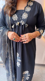 Pretty cotton appliqué work and brush painted suit set in black