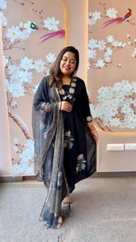 Pretty cotton appliqué work and brush painted suit set in black