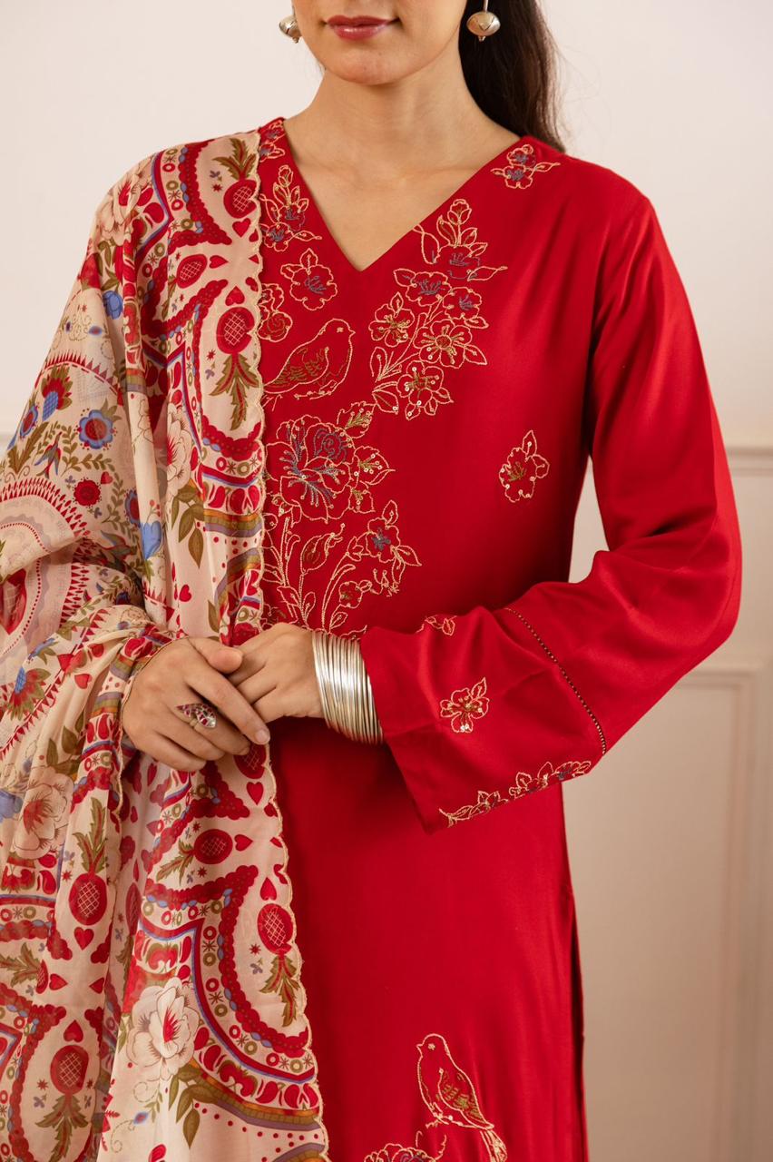 Heavy rayon embroidered suit set paired with soft orgenza dupatta in red
