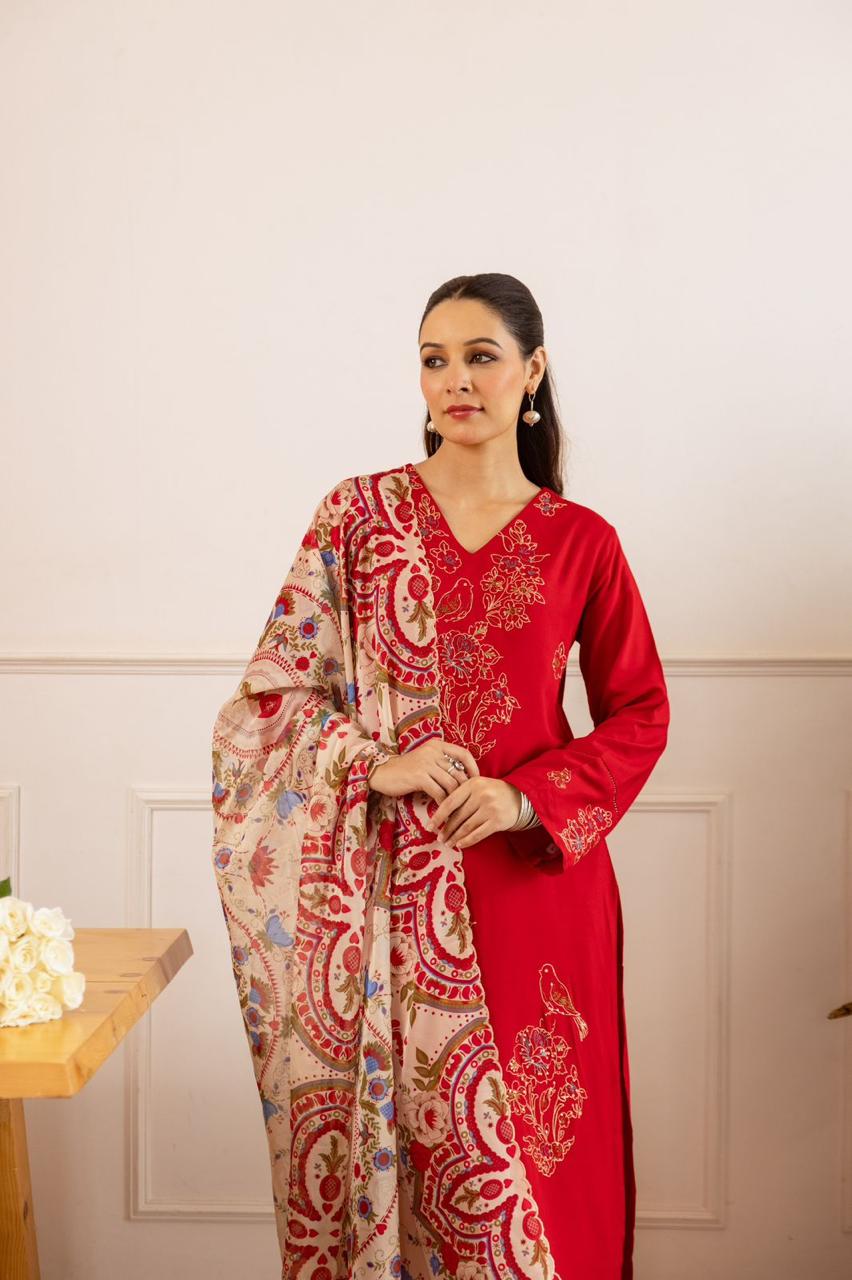 Heavy rayon embroidered suit set paired with soft orgenza dupatta in red