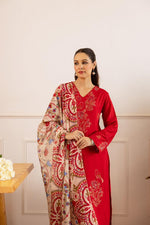 Heavy rayon embroidered suit set paired with soft orgenza dupatta in red