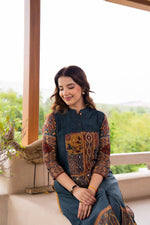 Kalamkari back Mul silk kurta pant in blue