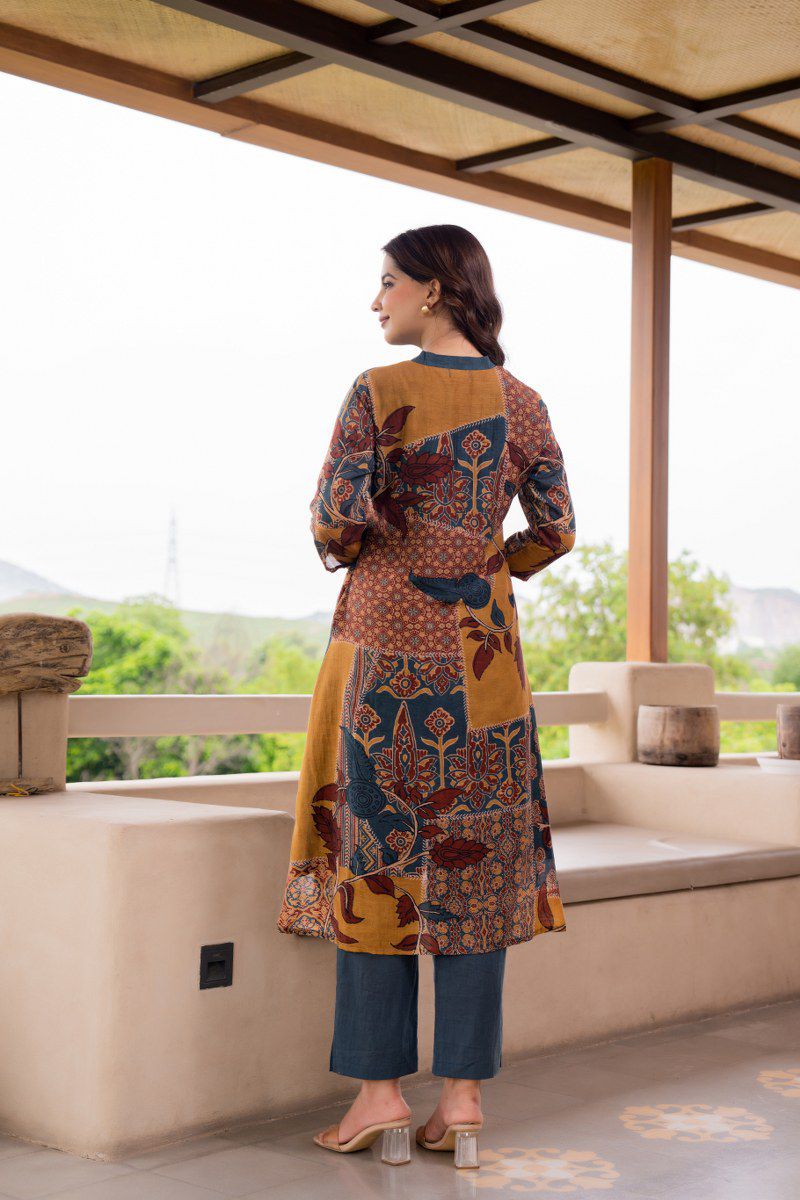 Kalamkari back Mul silk kurta pant in blue