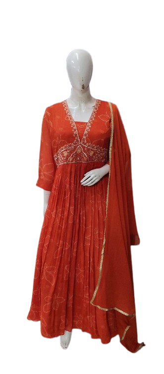 Pure chinon alia cut gown with lining orange