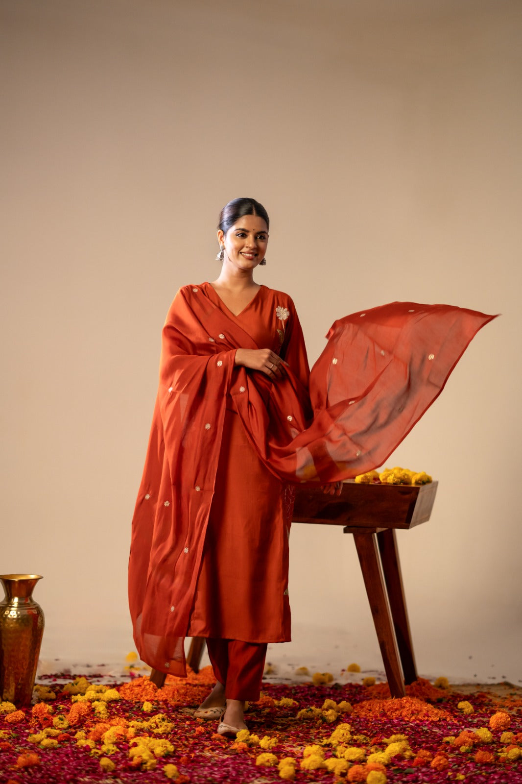 Embroidered full suit set in rust