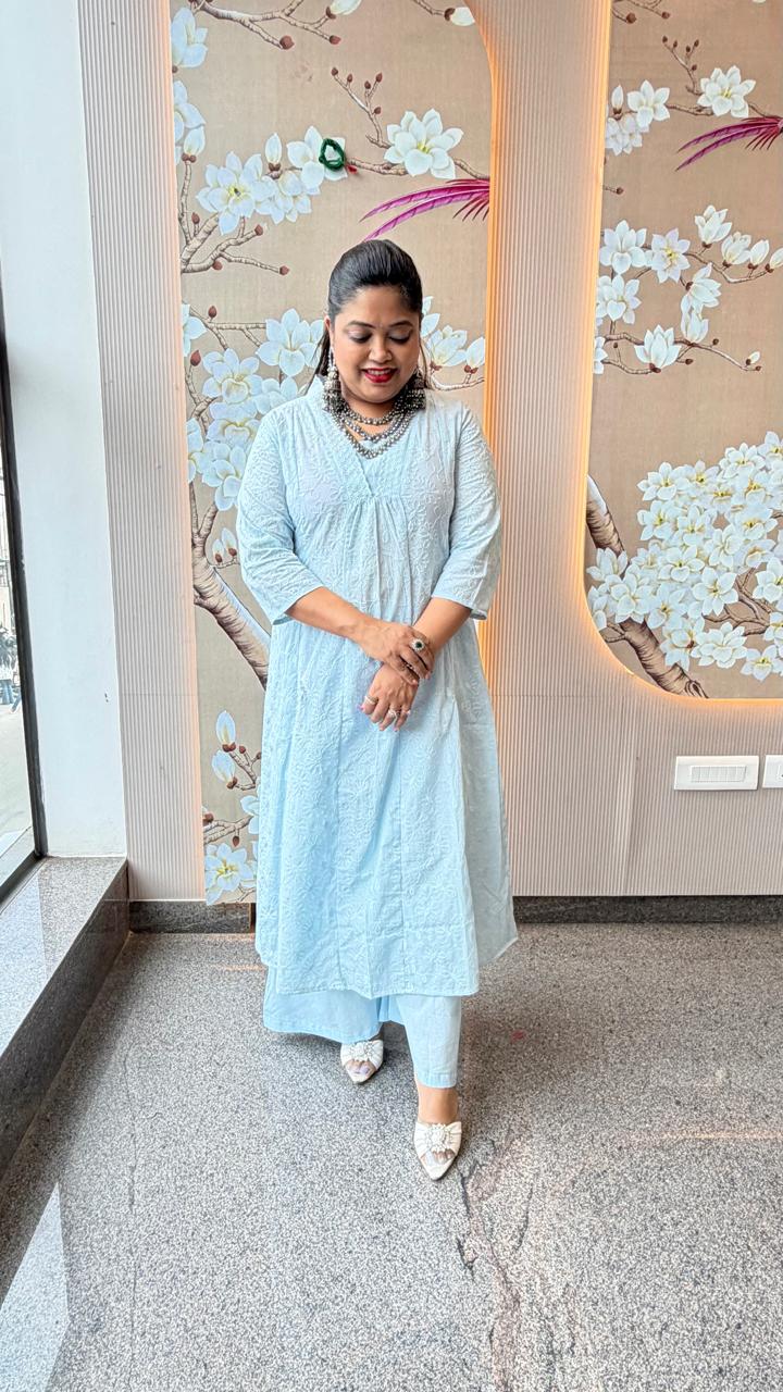 Embroidered cotton palazzo set in ice blue