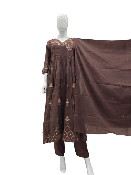 Mul cotton embroidered full suit set paired