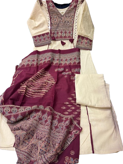 Pretty cotton ajrakh full suit set in ivory