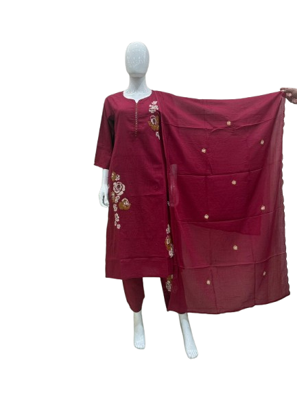 Smart cotton embroidered with designer pants suit set in red