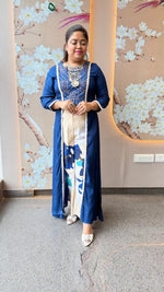 Crepe upper with handwork and cotton flex digital print bottom in blue