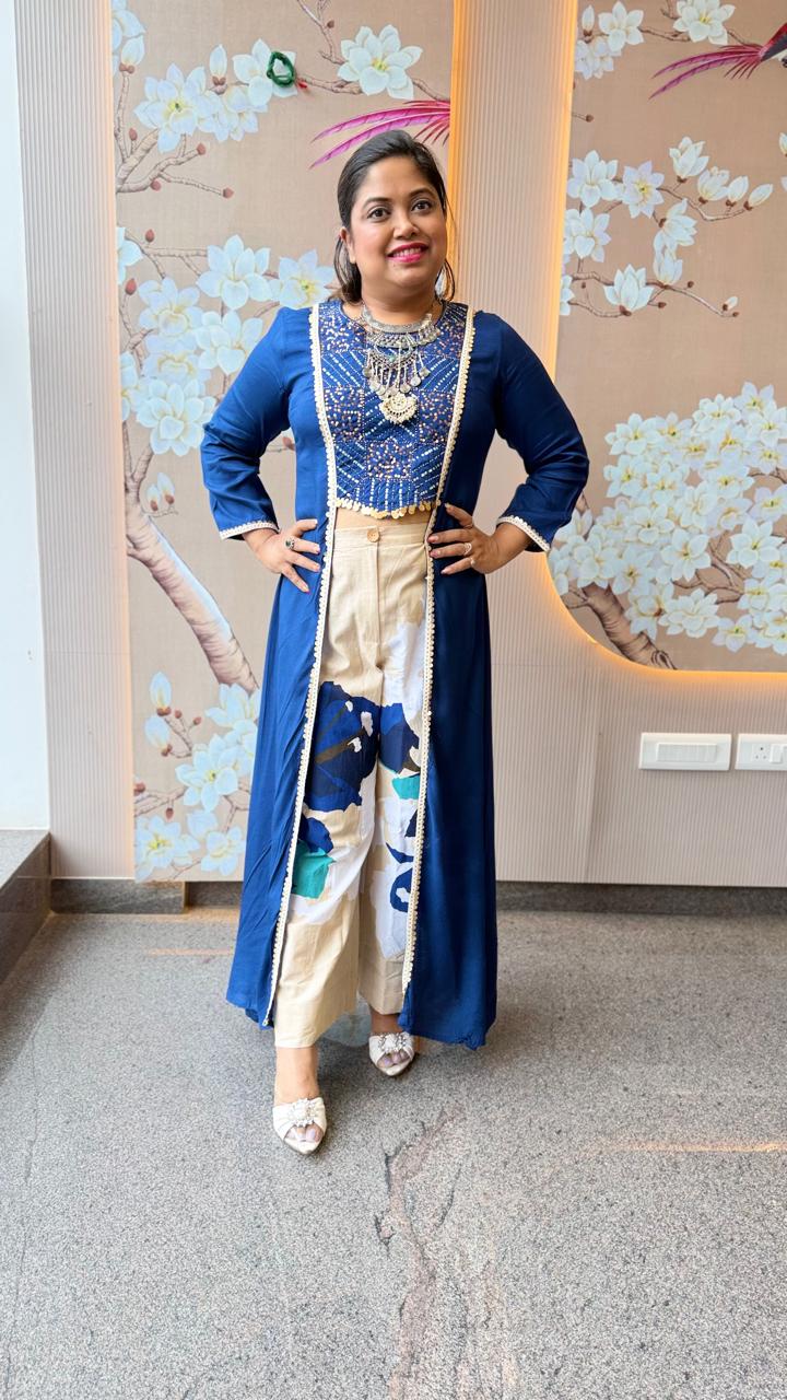 Crepe upper with handwork and cotton flex digital print bottom in blue