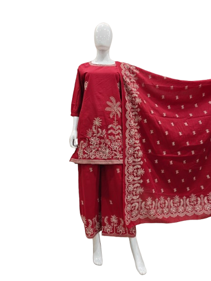 Designer back n embroidered cotton in red with block print dupatta